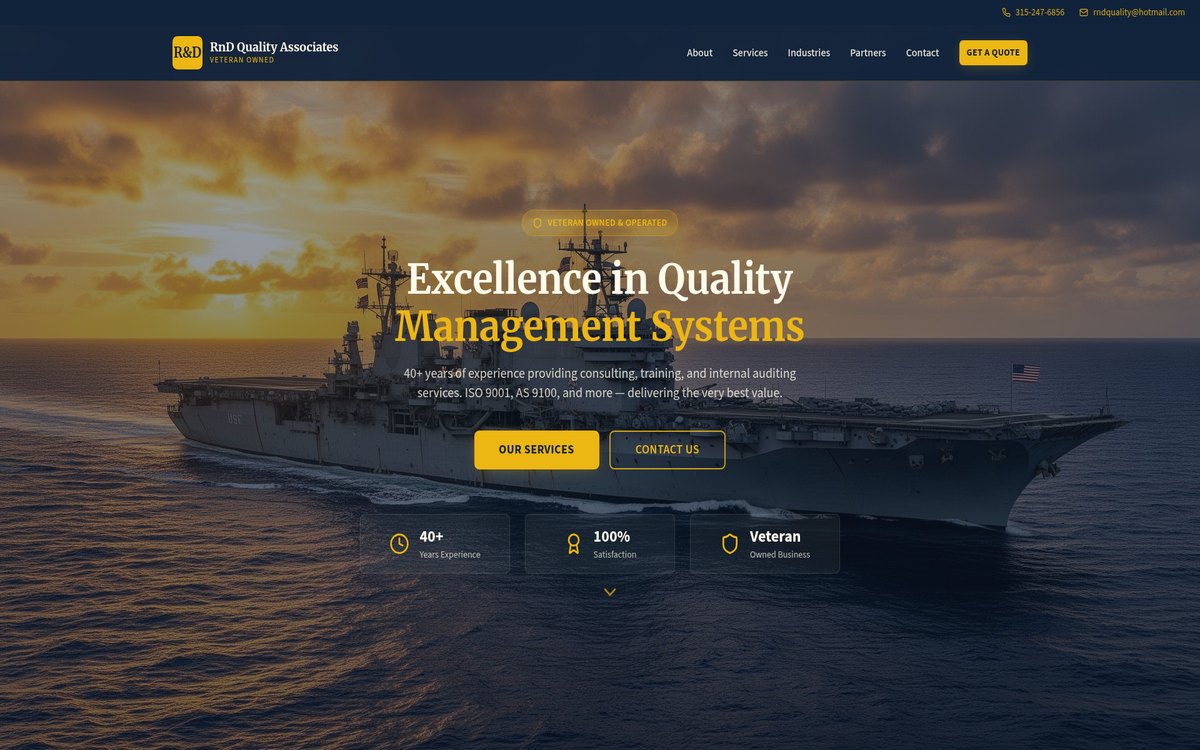 Homepage of the RnD Quality Associates website built by GrowthBellows